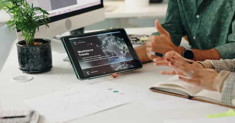 Hands, tablet and workforce trends with business people in office for education Stock Footage 294553223