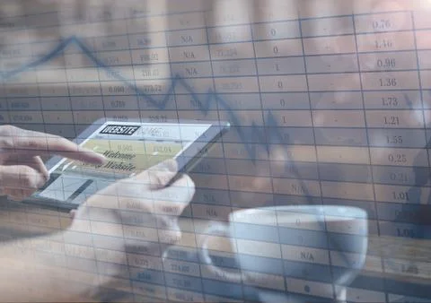 Hands with tablet in cafe and blue graph overlay Foto stock
