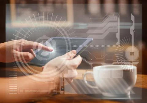 Hands with tablet in cafe and white interface overlay with flare Foto stock