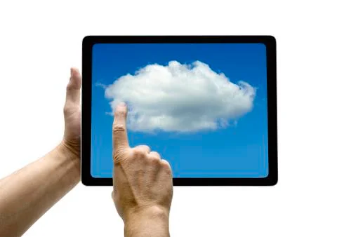 Hands with tablet computer. Isolated on white background. Stock Photos