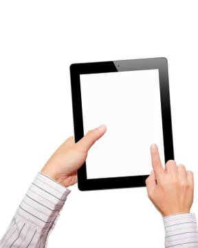 Hands with tablet computer. Isolated on white background. Stock Photos