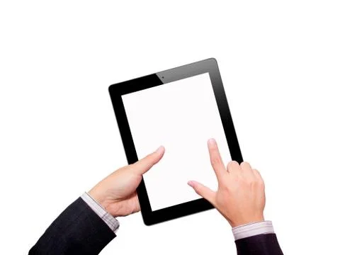 Hands with tablet computer. Isolated on white background. Stock Photos