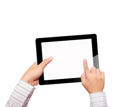 Hands with tablet computer. Isolated on white background. Foto stock