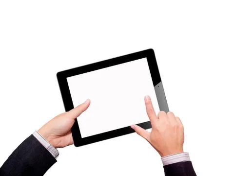 Hands with tablet computer. Isolated on white background. Foto stock