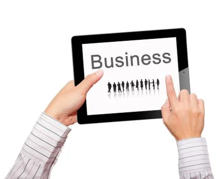 Hands with tablet computer. Isolated on white background. Stock Photos