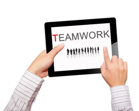 Hands with tablet computer. Isolated on white background. Stock Photos