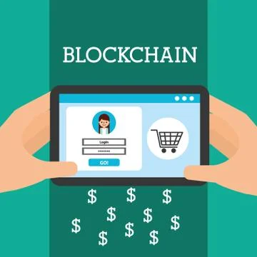 Hands with tablet computer virtual wallet blockchain trade money Stock Illustration