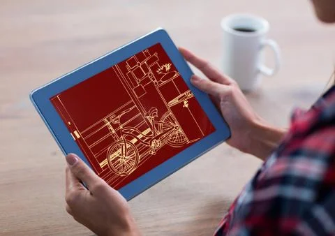 Hands with tablet with office lines( 2-tones> orange and dark red) Stock Photos