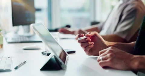 Hands, tablet or thinking with stylus in office for logo design idea, creative Stock Footage 329543894