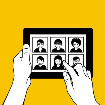 Hands with tablet pc - looking through photos on dating website Stock Illustration