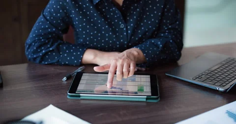 Hands, tablet screen and business person in office for investment, metrics or Stock Footage 323261013