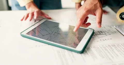 Hands, tablet screen and couple at new house with blueprint, layout or sketch Stock Footage 337016954