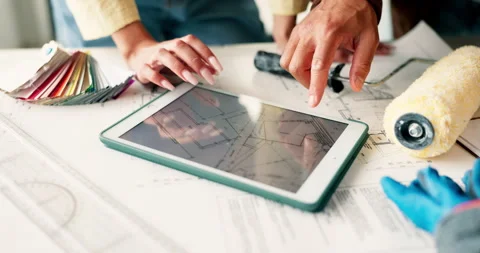 Hands, tablet screen and couple at new house with floor plan, layout or sketch Stock Footage 337039028