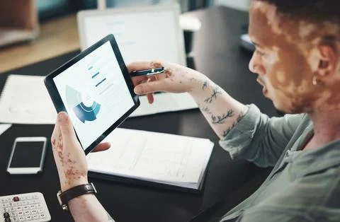 Hands, tablet screen and man with graphs for budget, accounting and busines.. Stock Photos
