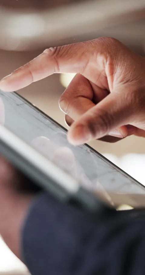 Hands, tablet screen and scroll in office with app, website development or Stock Footage 340758270