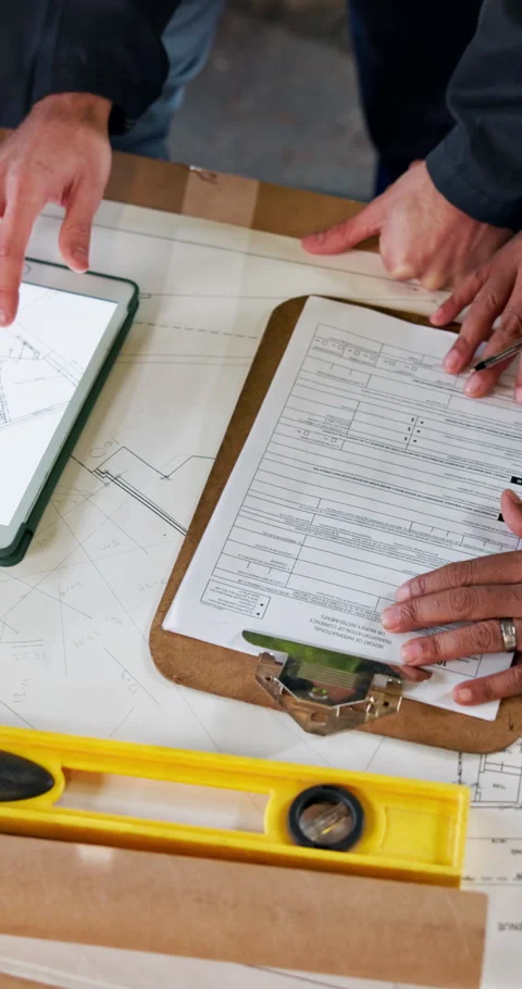 Hands, tablet screen and team planning with blueprint for design, construction Stock Footage 348193396