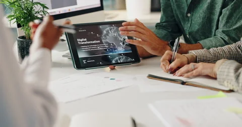 Hands, tablet screen and workforce trends with business people in office for Stock Footage 294611196