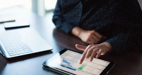 Hands, tablet screen or business person with accounting metrics, investment or Stock Footage 323262519