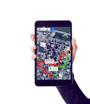 Hands with tablet, screen or direction of location for city travel on road map Stock Photos