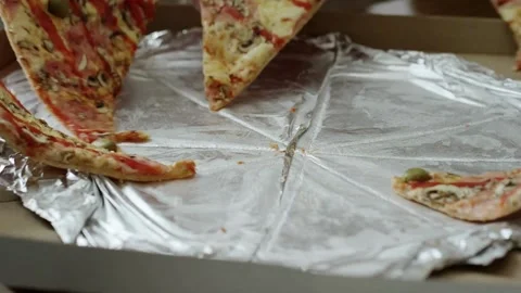 Hands take a cut piece of pizza out of the box. restaurant tasty fresh cuisine Stock-Footage 336586681