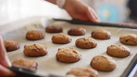 Hands take fresh hot cookies from baking sheet. Woman's, men's and child hands Stock Footage 171759231