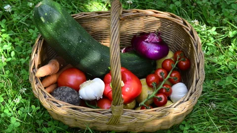 Hands taking fresh vegetables from a wicker basket Stock Footage 164468340