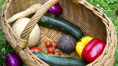 Hands taking fresh vegetables from a wicker basket Stock Footage 164473480