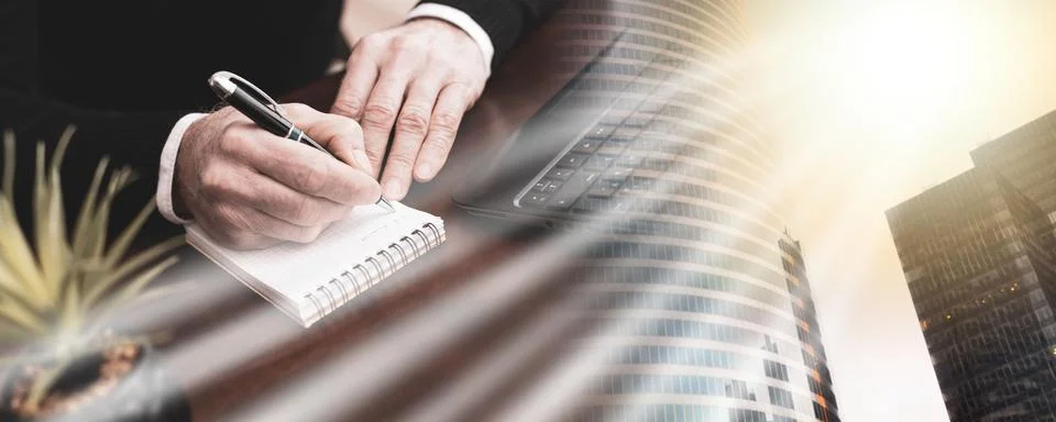 Hands taking notes on notebook; multiple exposure 스톡 사진