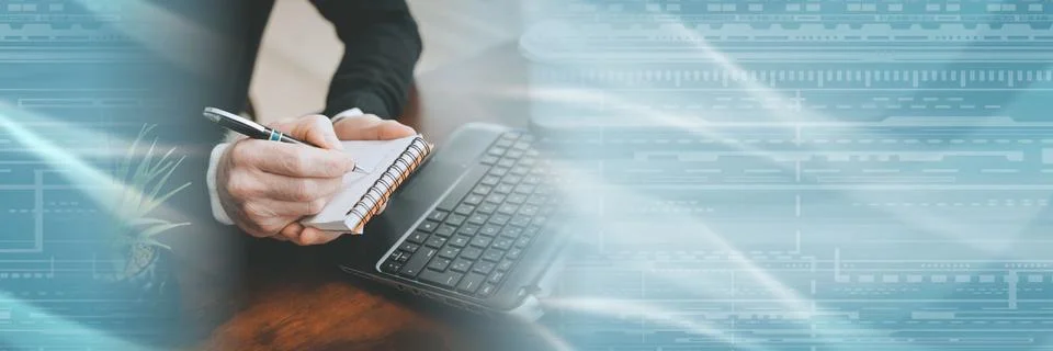 Hands taking notes on notebook; panoramic banner 스톡 사진