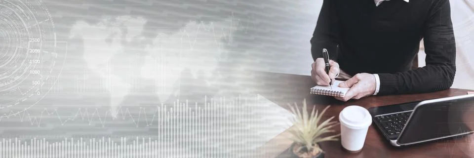 Hands taking notes on notebook; panoramic banner Stock Photos