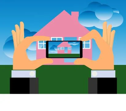 Hands Taking Picture of A House With A Smartphone Stock Illustration