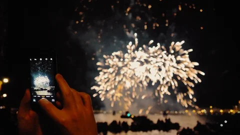 Hands Taking Pictures Of Firework With Mobile Phone Stock Footage 103381171