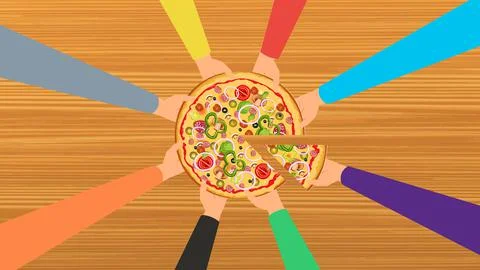 Hands taking pizza slices from a table vector. Delicious pizza vector with di Stock Illustration