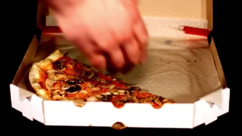 Hands Taking Slices Of Pizza. Hands taking pizza slices from wooden plate Meal Video stock 336586666