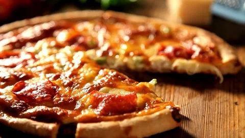 Hands Taking Slices Of Pizza. Hands taking pizza slices from wooden plate Meal Stock-Footage 336586694