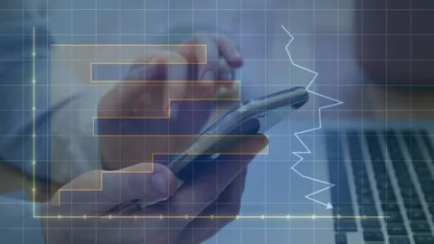 Hands tapping smartphone, causing finance charts animating and stacking bars Stock Footage 331713332