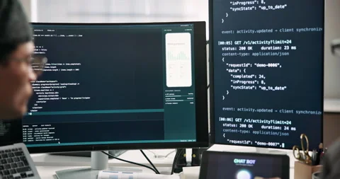 Hands, team and computer screen in office for code review, ui and mobile Stock Footage 346758454