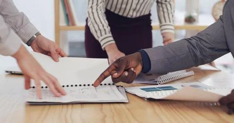Hands, team and documents at meeting with finance, review and point with Foto stock