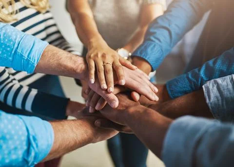 Hands, team and stack at office for support, solidarity or goal with connection Foto stock