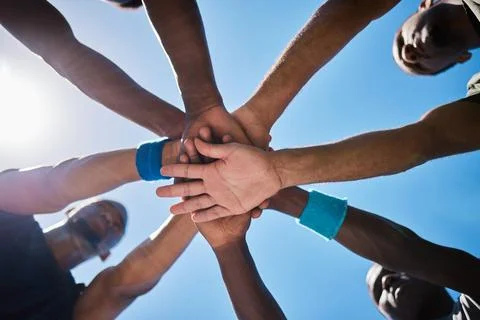 Hands, teamwork and unity for motivation below in sports collaboration, strategy Stock Photos