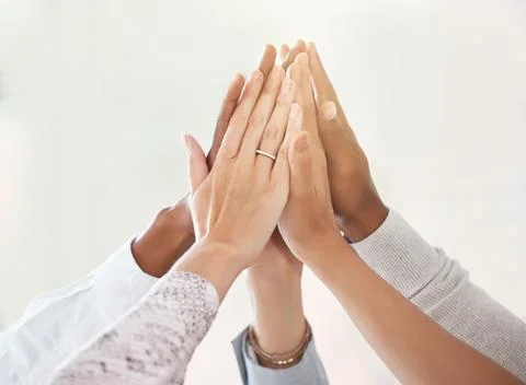 Hands, teamwork high five and collaboration success after winning partnership in Stock Photos