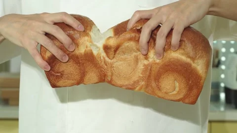 Hands Tearing Soft White Bread Apart Close Up Stock Footage 335613929