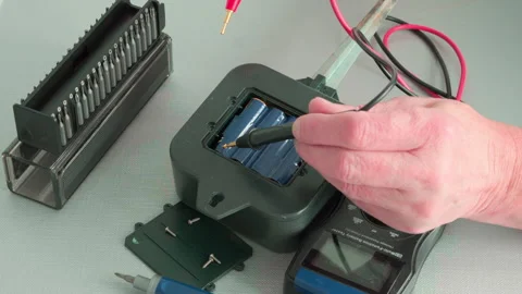 Hands test battery in device with multimeter Stock Footage 337318074