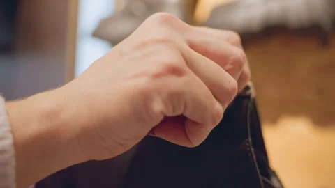 Hands test zipper on black leather chukka boot closeup Stock Footage 316814162