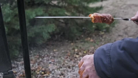 Hands Threading Marinated Raw Meat onto Metal Skewer Stock Footage 322135827