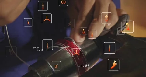 Hands threading needle sewing red seam on tube pulling thread, orange UI Stock Footage 331026976