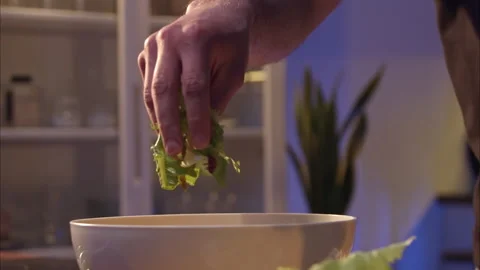 Hands throw lettuce leaves and tomatoes into a plate Vídeos de archivo 196582525