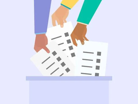Hands throwing ballots into the ballot box. Elections, ballot box. Vote. El.. イラスト素材