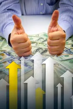 Hands with thumbs up, money and graph Stock Illustration