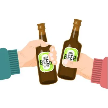 Hands toasting with bottles of beer. Two hand are cheers with bottled beverage Stock Illustration